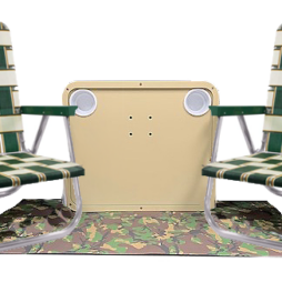 A tan wagon table top featuring two cup holders centered between two nostalgic, folding, high back beach chairs. With a green camouflaged neoprene wagon deck mat laying below them.