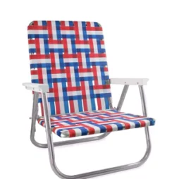high back aluminum beach chair with red, white, and blue webbing